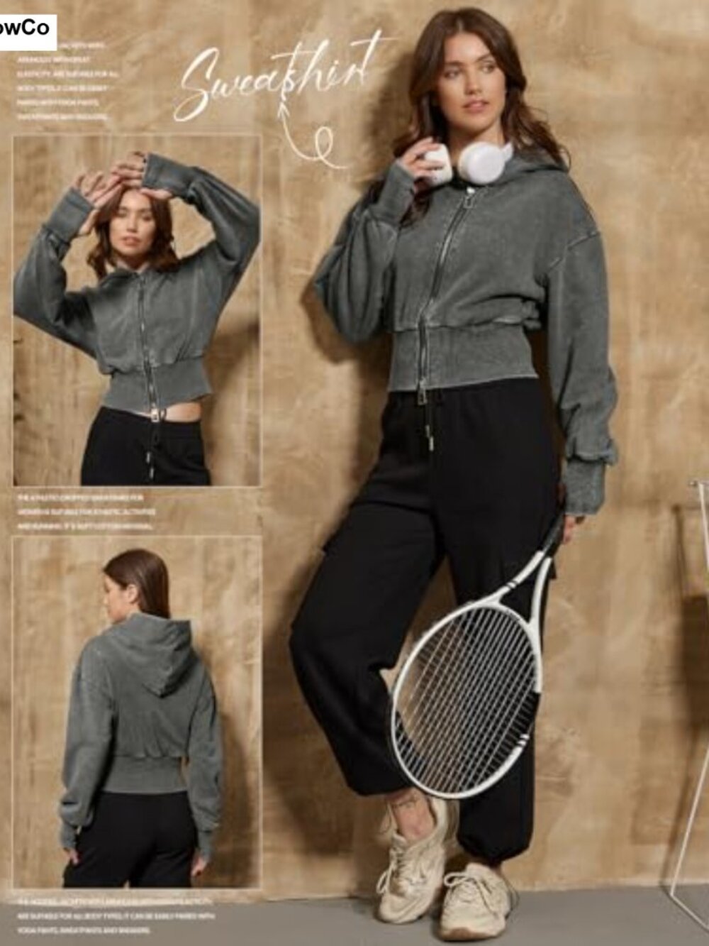 Washed Crop Zip Up Hoodie Long Sleeve Athletic Sweatshirt - Picture 4 of 6